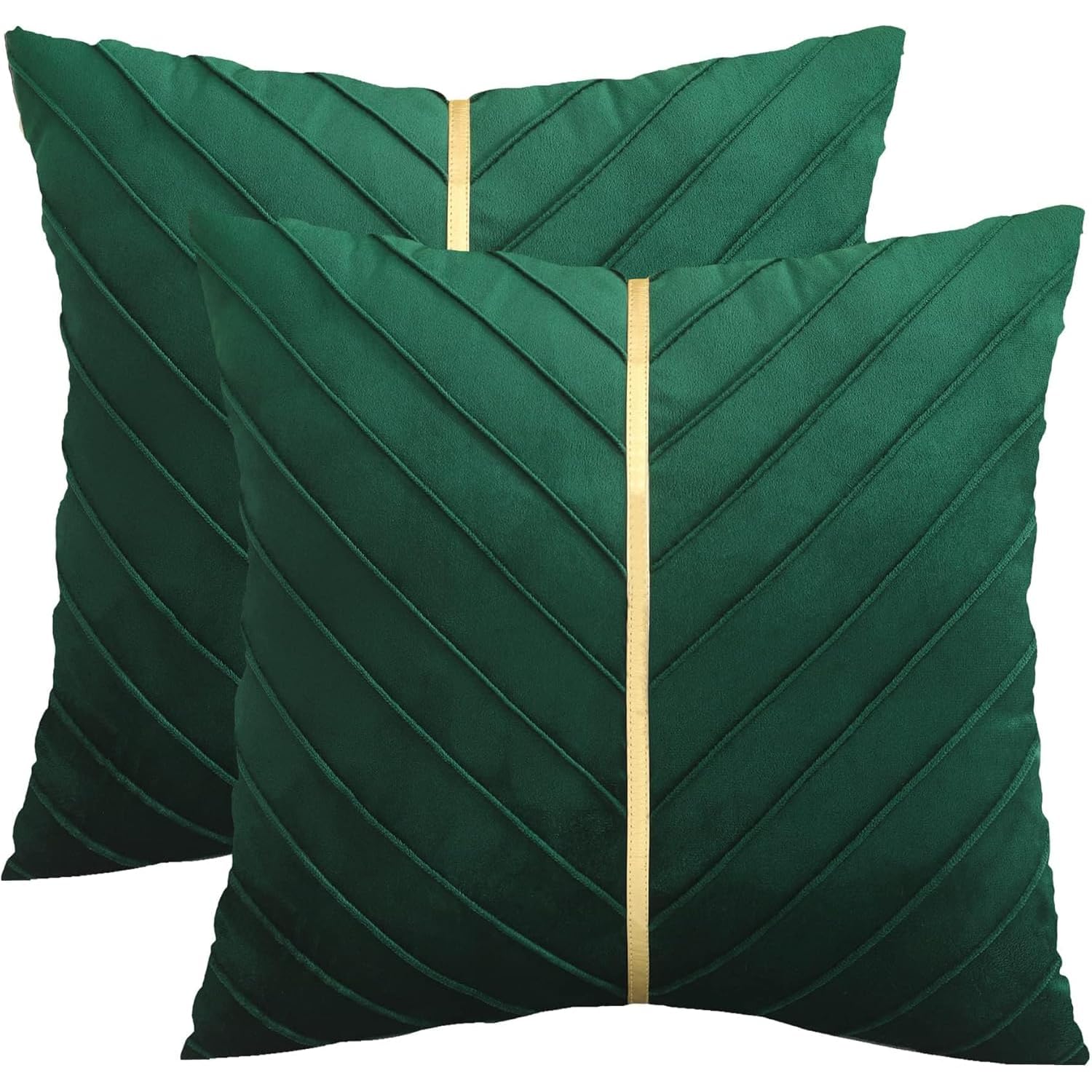Tosleo Green Velvet Throw Pillow Covers 18 x 18 inch Pack of 2 with Gold Leather Forest Green Decorative Couch Pillowcase Luxury Modern Pillow Cover 45 x 45 CM