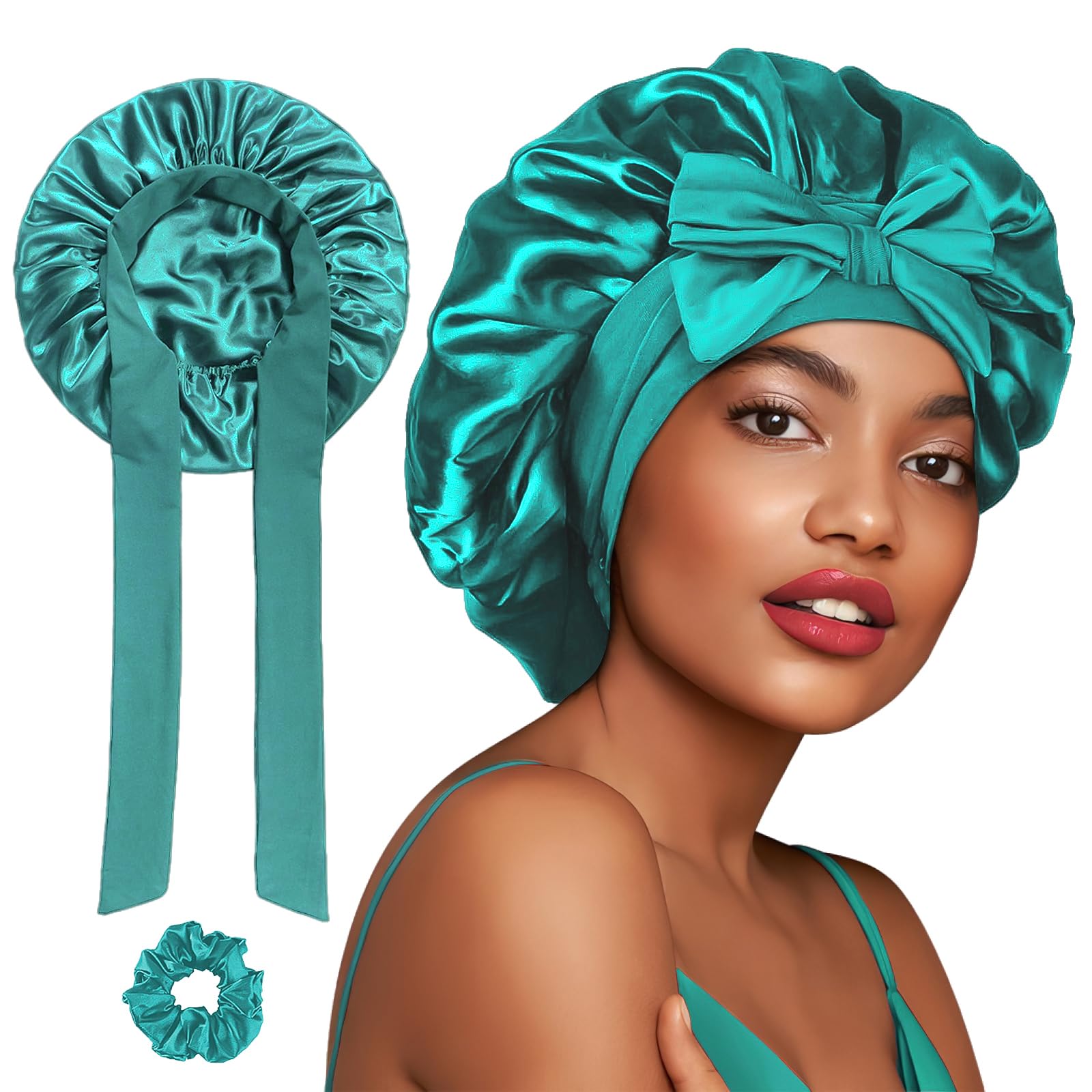 FOLAI Silk Satin Bonnet for Sleeping, Adjustable Hair Bonnet with Tie Band for Curly Hair Women Green