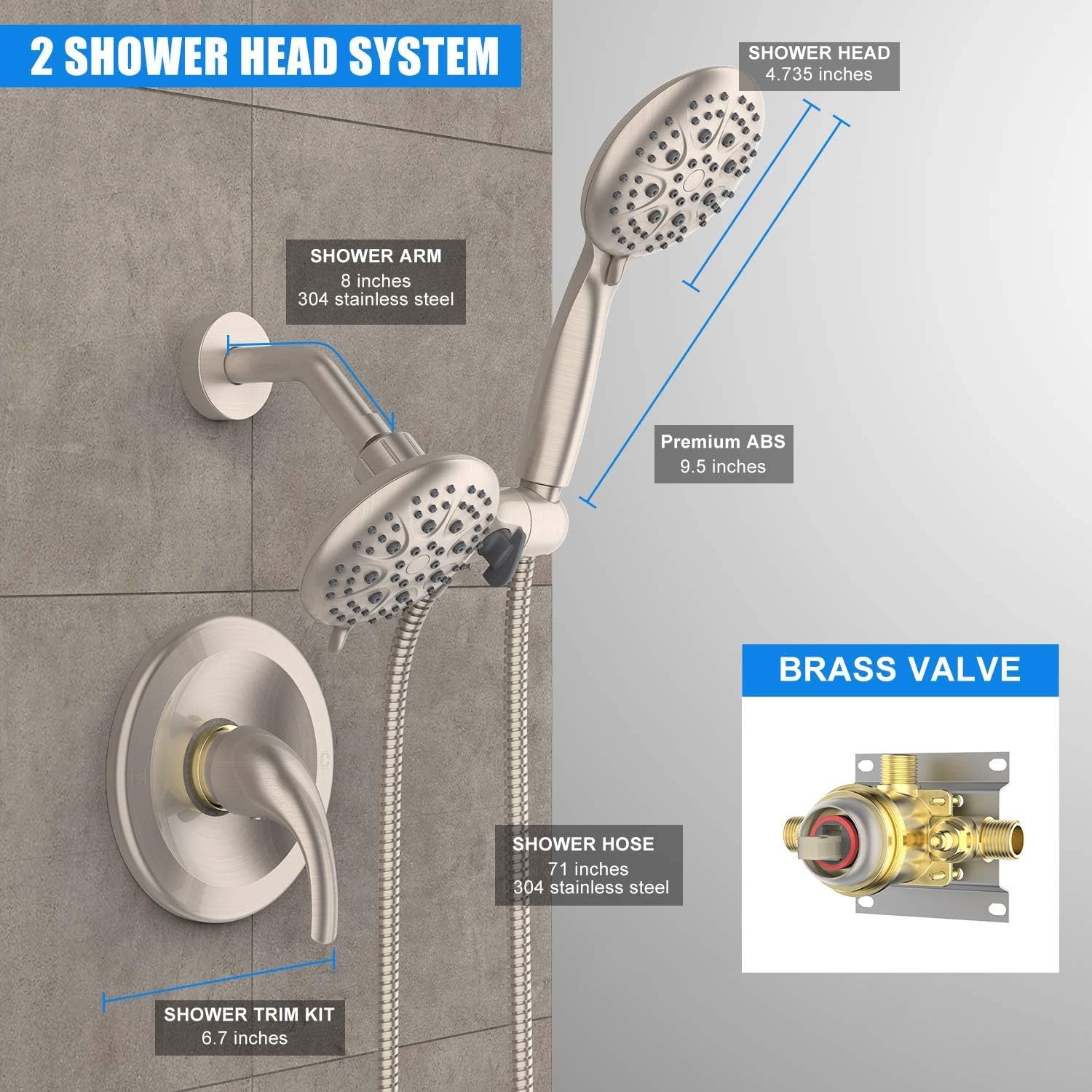 SR SUN RISE Shower System with Handheld Showerhead & Rain Shower Combo Set. High Pressure 35-Function Dual 2 in 1 Shower Faucet with Valve, Patented 3-Way Water Diverter in All-Brushed Nickel - - 