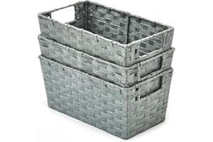 EZOWare 3pcs Weaving Storage Baskets, Multipurpose Wicker Organizer Bins Boxes with Handles for Shelf, Bathroom, Pantry, Accessories - Paper Rope Gray