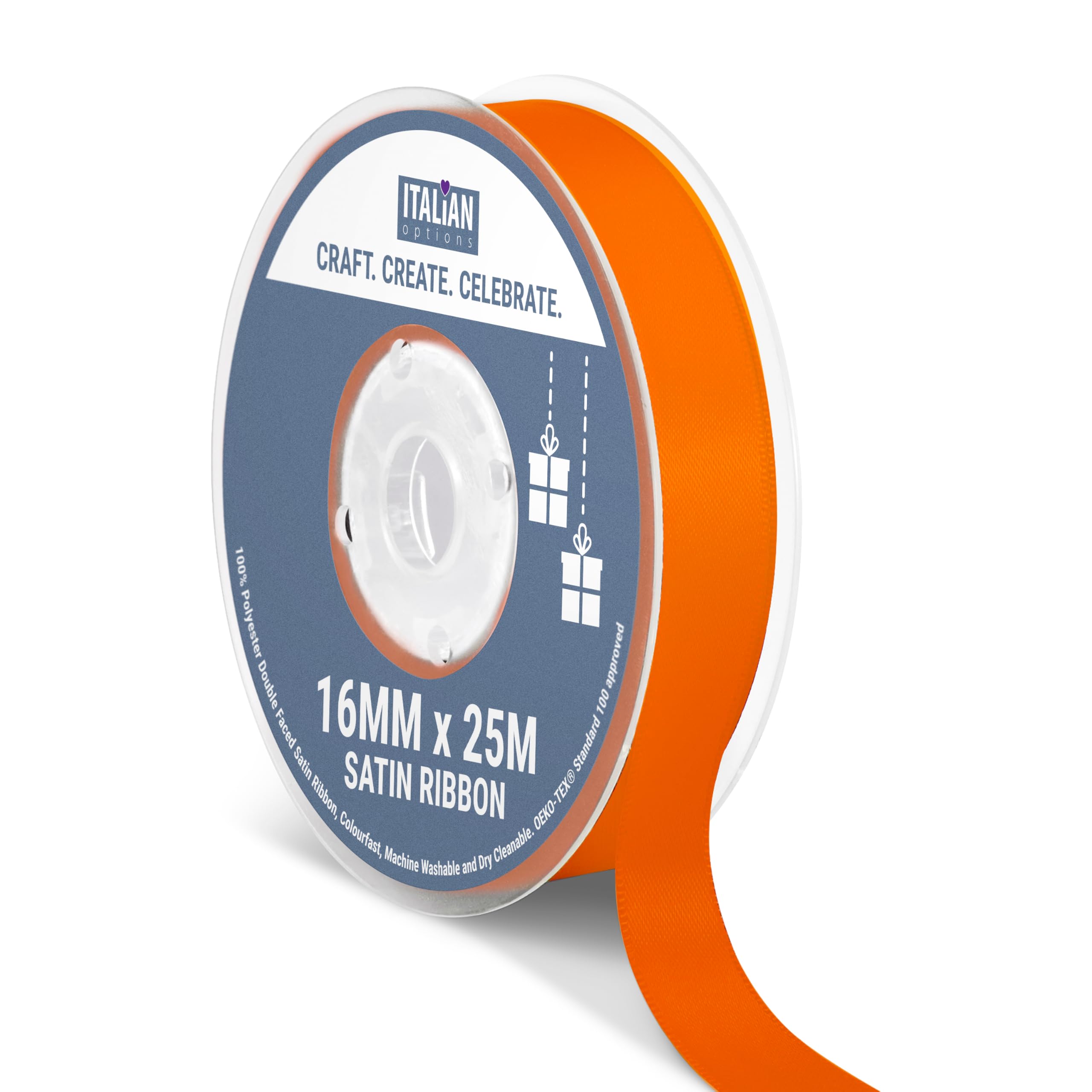 Italian Options Satin Ribbon, Fabric Ribbons for Gift Wrapping, Crafting, Balloons, Wedding Car, Presents, Cake, Christmas, Birthday, Gift Wrap Accessories, 16mm Wide x 25 Metre Roll, Orange