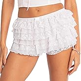 Women Ruffle Lace Shorts Bloomers Summer Casual Layered Tiered Pleated Slim Fit Floral Lace Trim Shorts