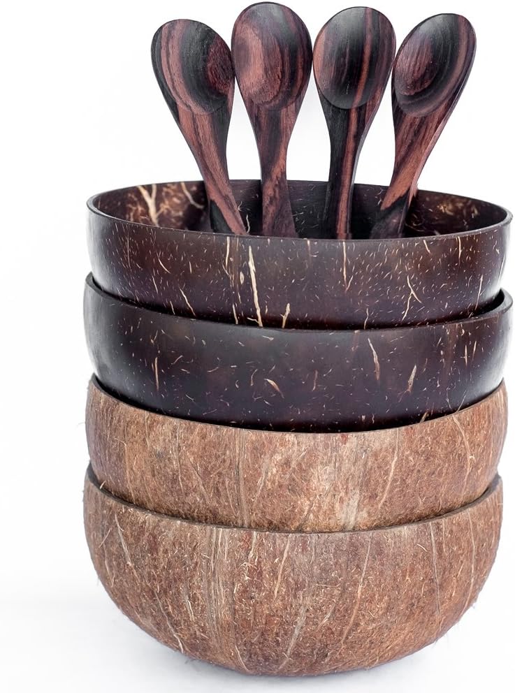 Bali Harvest Combo Original and Natural Coconut Bowls and Wooden Sono Spoons - 100% Vegan & Natural Handmade from Reclaimed Coconut Shells (4 Bowls with 4 Spoons)