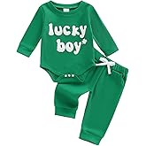 DSOKUHIB Newborn Baby Boy St Patricks Day Outfit Lucky Boy Embroidery Waffle Long Sleeve Romper Pants Set 2Pcs Irish Clothes