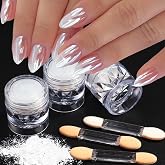 3Pcs Moonlight White Pearl Chrome Nail Powder, Super Glossy Clear Mirror | Effect Holographic Pearl Nail Glitter Powder, Neon Ice Aurora Shimmer Sugar Pigment Dust for Nails Art Design