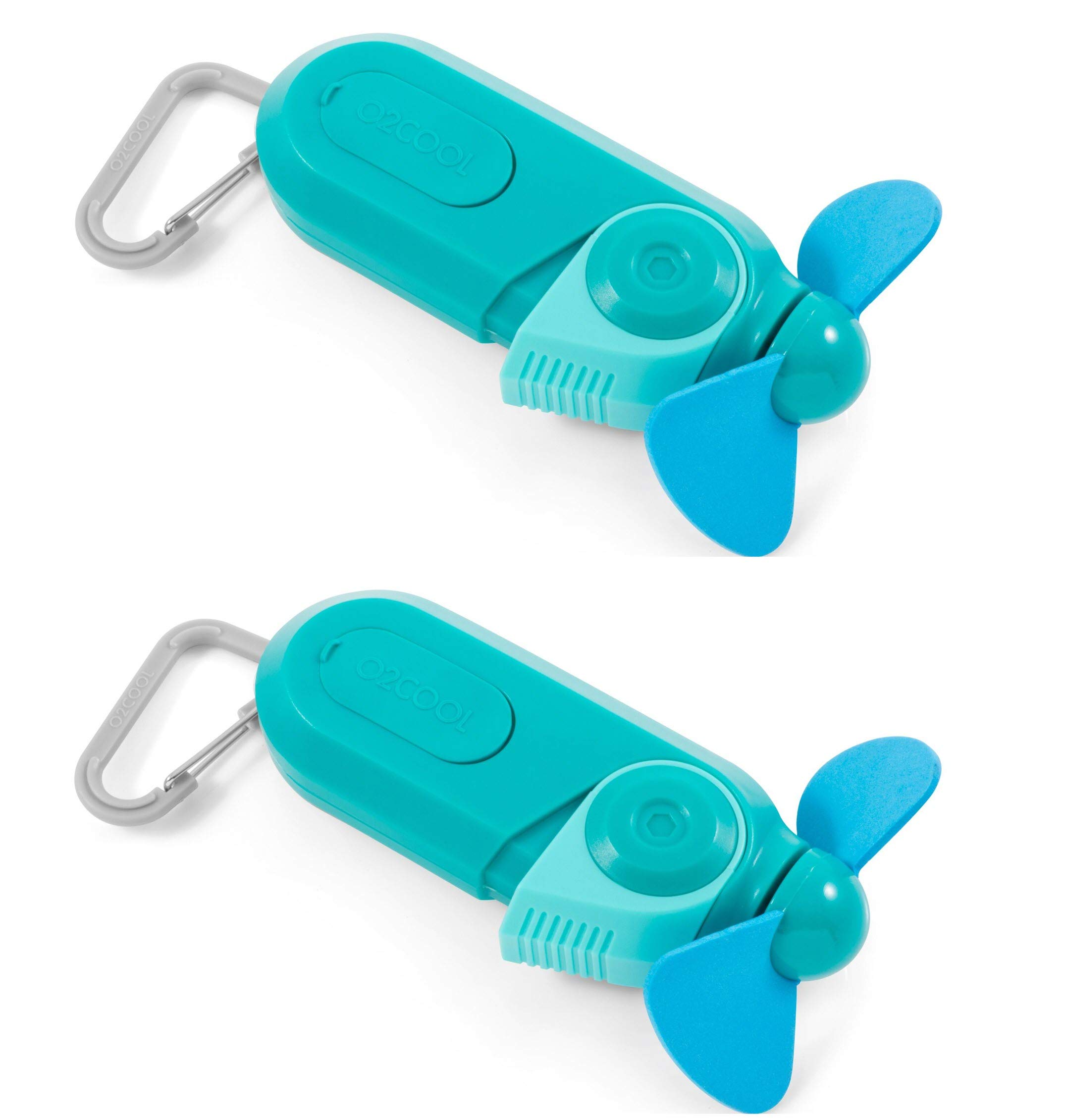 O2COOL Keychain Sport Misting Fan - Pocket Size Battery Powered Portable Handheld Fan With Carabiner Clip and Mister 2 Pack (Teal)