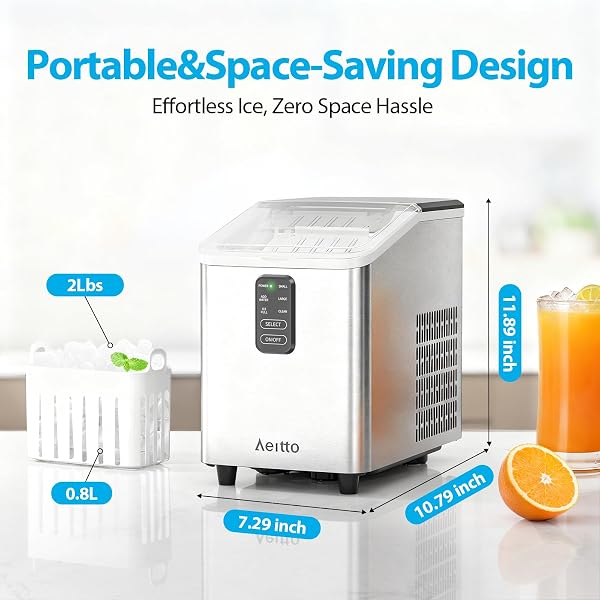 AEITTO COUNTERTOP ICE MAKER MACHINE, 26LBS ICE IN 24H, 8 BULLET ICE CUBES IN 6 MINS, SELF-CLEANING PORTABLE ICE MAKER WITH 2 ICE SIZES, BASKET & SCOOP FOR HOME, KITCHEN, OFFICE, STAINLESS STEEL