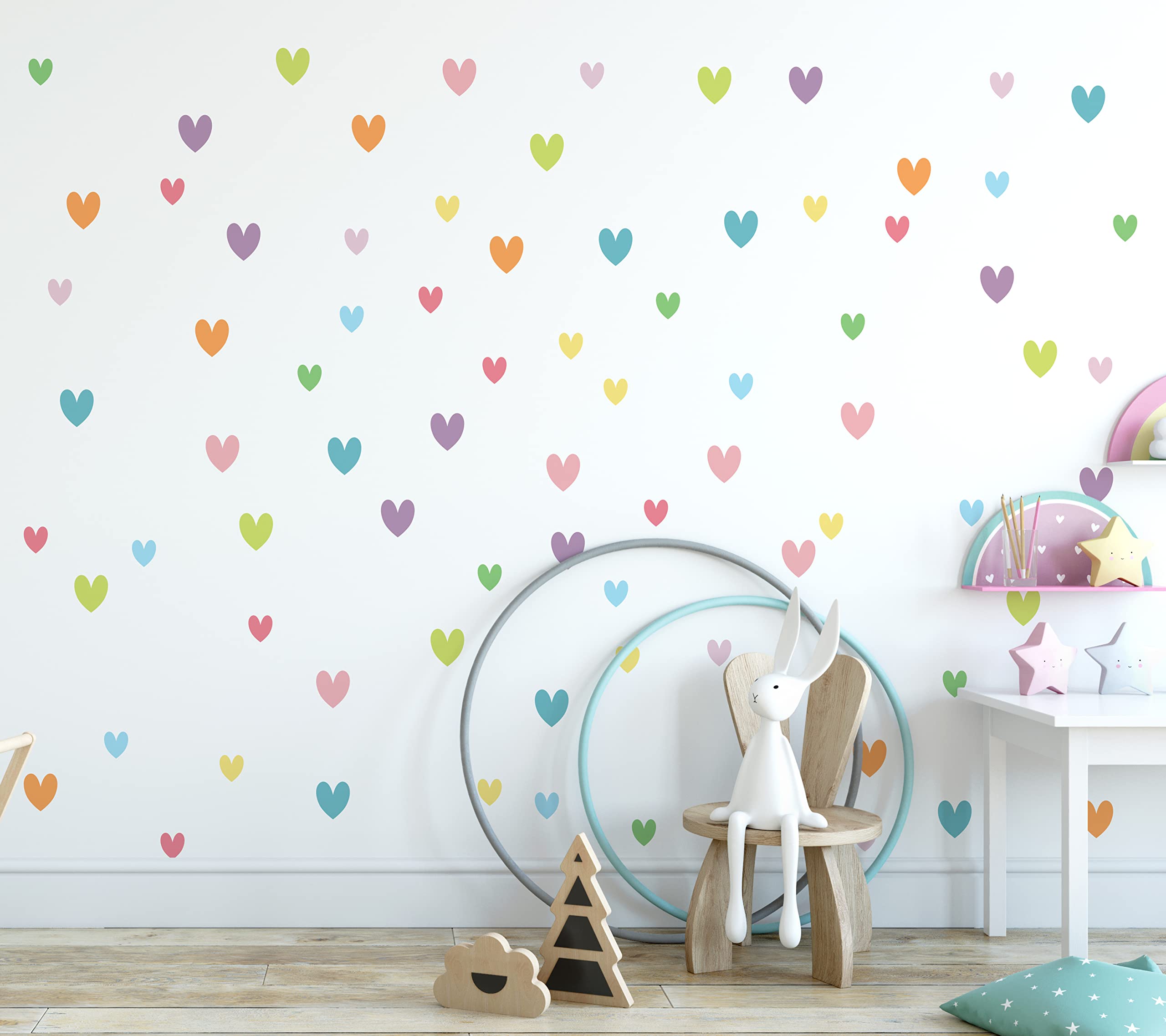 QuoteMyWall 90 Pcs Pastel Heart Wall Stickers Decals for Kids Rooms Childrens Bedroom Nursery Peel and Stick Removable Decor Boho Chic