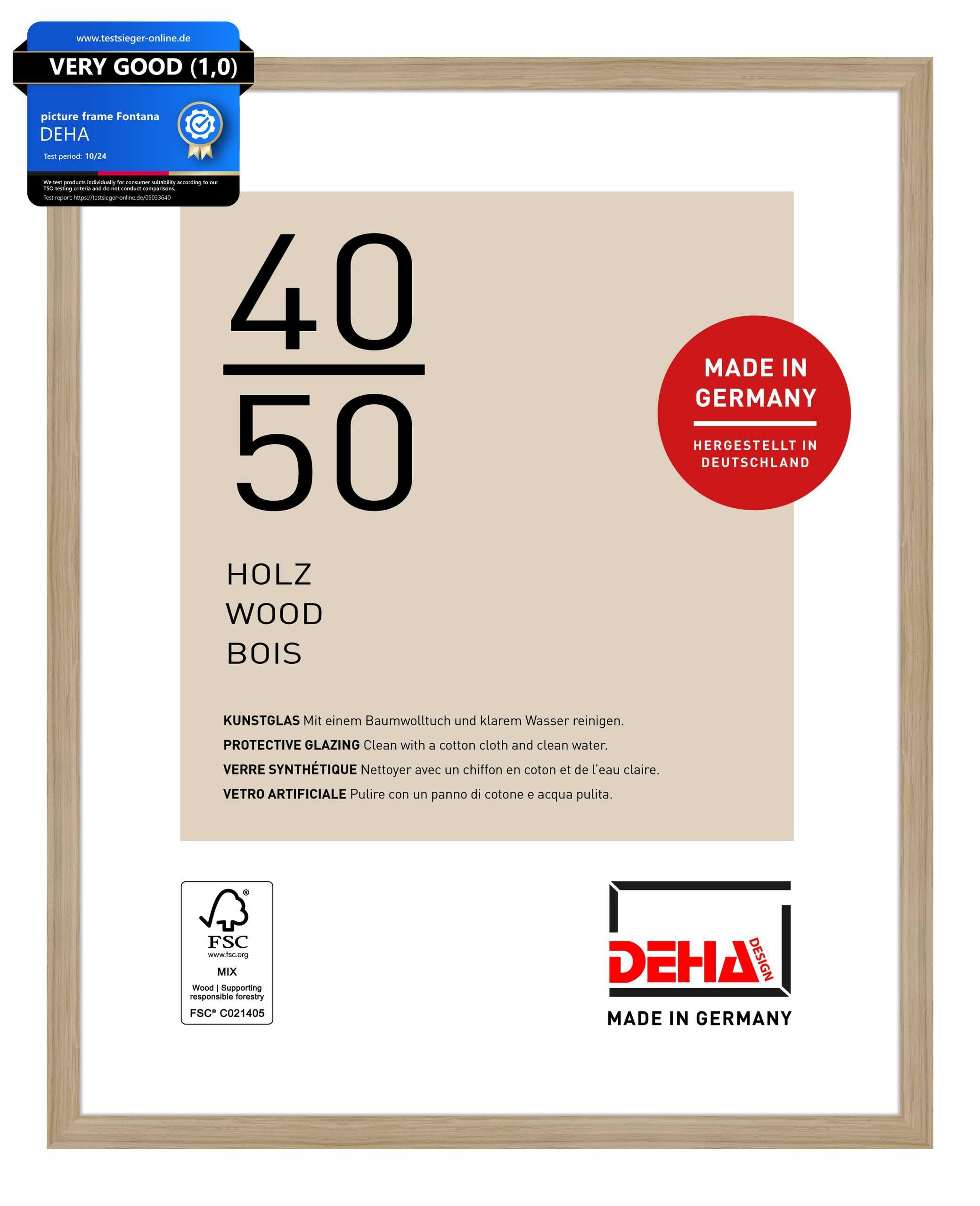 DEHA Design Fontana Wooden Picture Frame - 40x50 cm – Oak - with Synthetic Glass and Push/Turn Clips