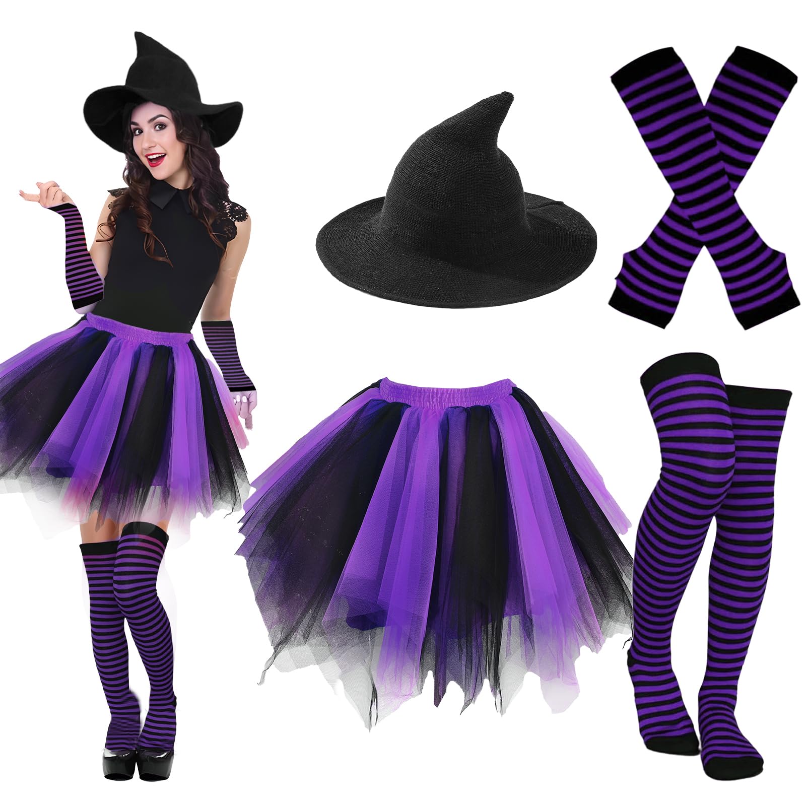 Photo 1 of Ibeauti Halloween Witch Costumes for Women Girls Gothic Cosplay Witch Hat Tutu Skirt Striped Knee High Socks Arm Warmers Set (Black Purple)