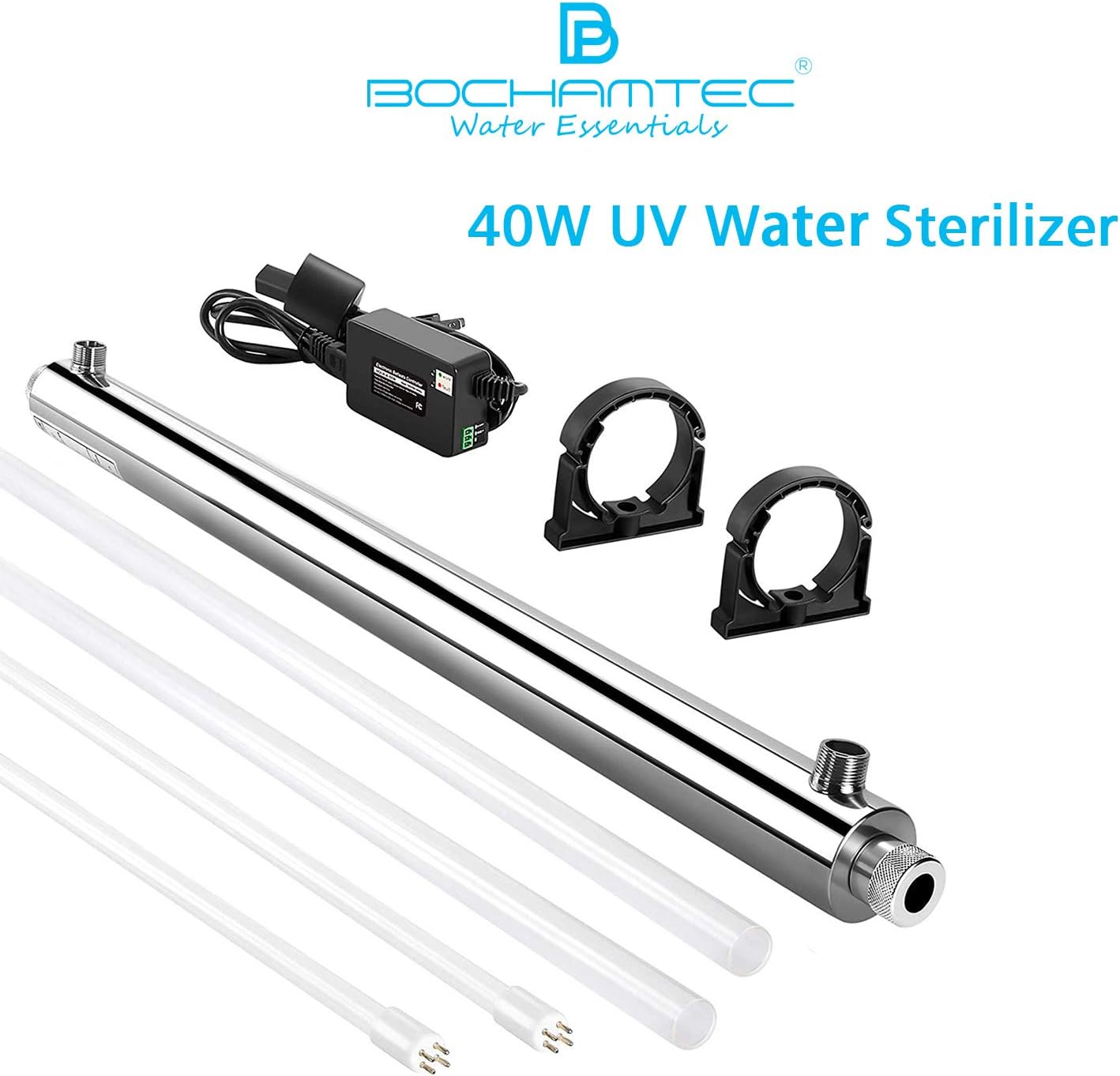 B Bochamtec 12GPM 110V 40W UV Water Purifier Sterilizer Filter 304 Stainless Stell Chamber for Whole House With 1 Extra UV Tube,1 Extra Quartz Sleeve.