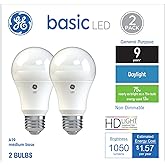 GE Basic LED Light Bulbs, 75 Watt, Daylight, A19 (2 Pack) | Energy-saving 75W replacement, bright 1100 lumens, 5000K daylight, living room &amp; home use, long-lasting, 2 bulbs