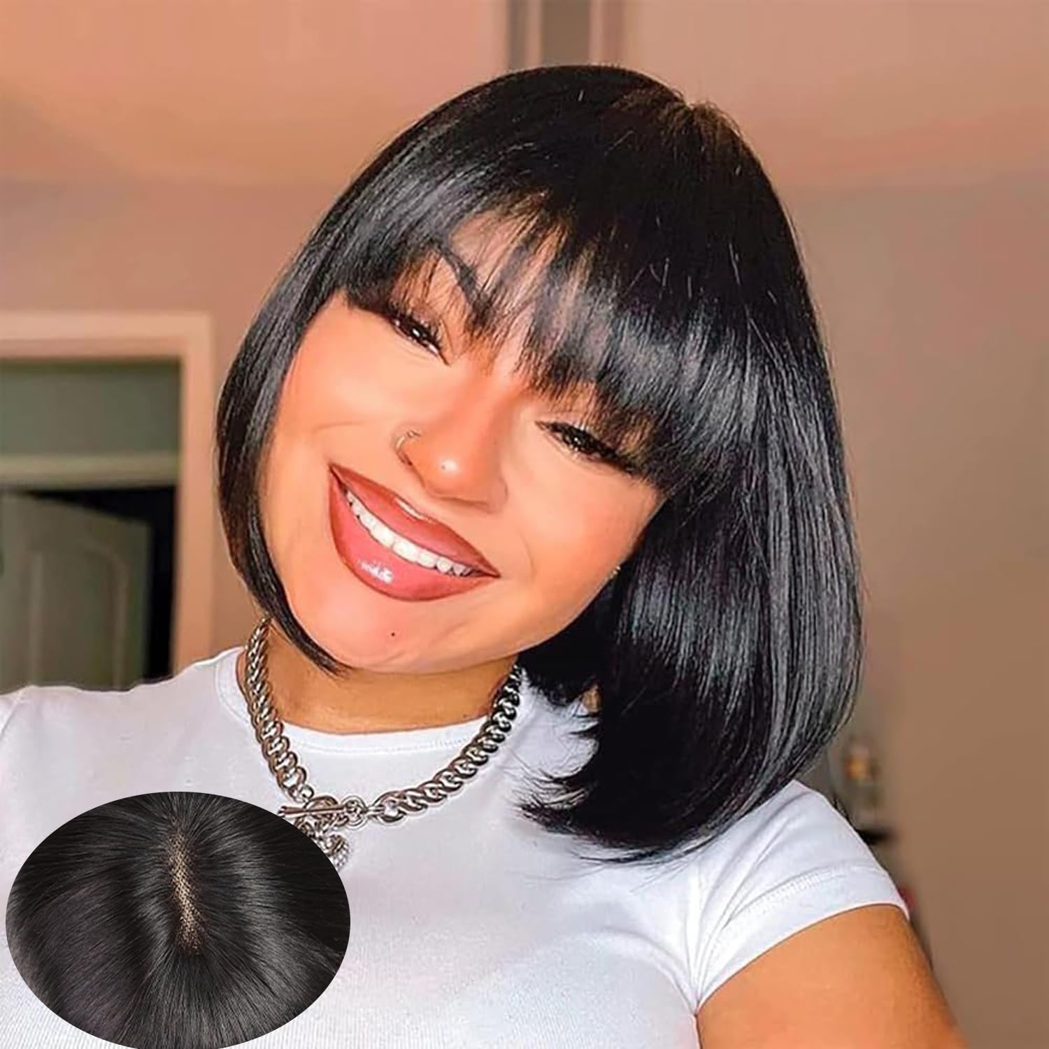 Short Bob Wigs Human Hair with Fringe 180% Density Glueless Wigs with Bang Upgraded 2x1 Top Lace 100% Brazilian Virgin Human Hair Wigs Friendly Small Head 10inch