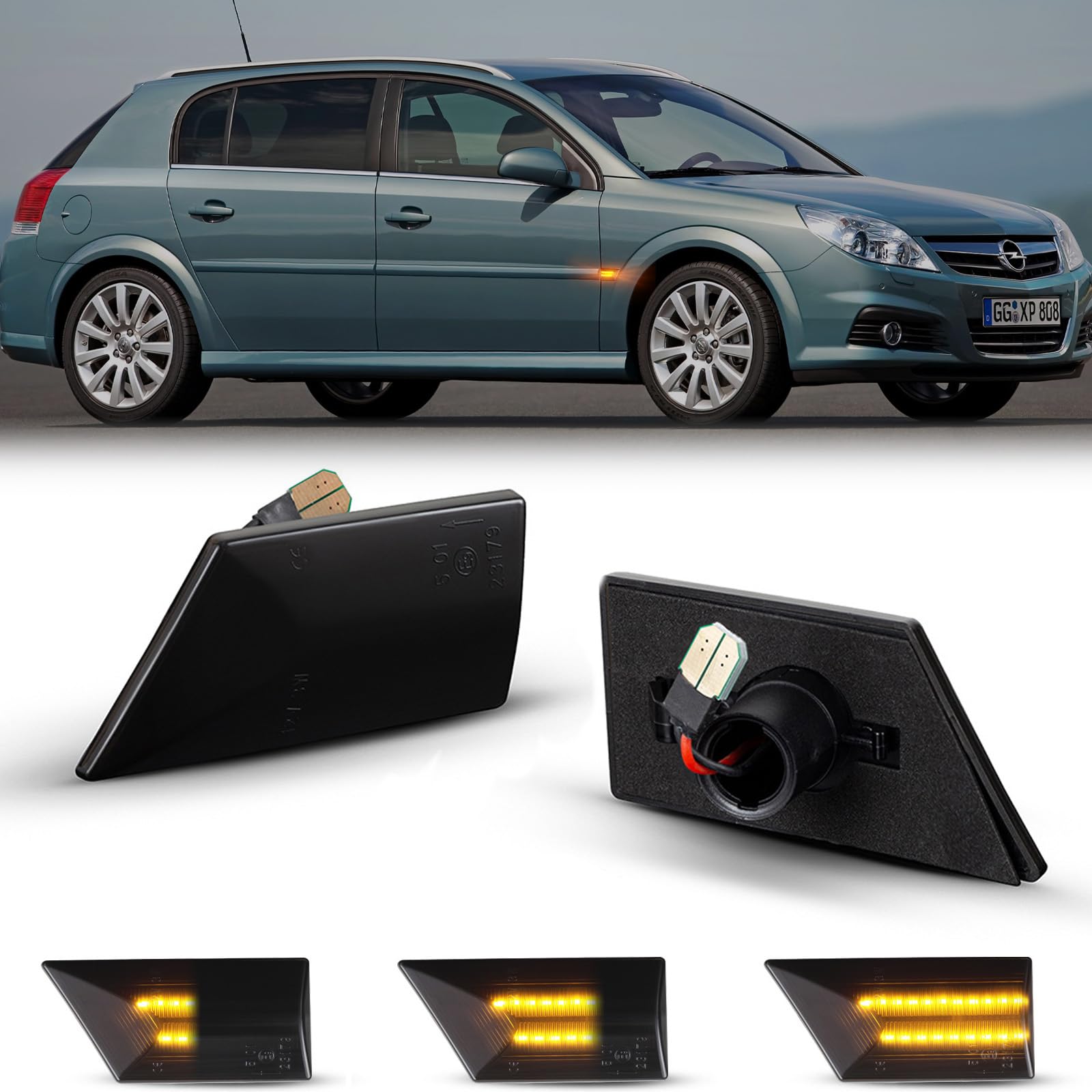 OZ-LAMPE Turn Signal Light for Vauxhall Opel Vectra C Signum, 4014 SMD Dynamic Side Indicator, Flowing Side Marker Repeater, Error Free Flowing Side Marker Repeater Black, Smoked Lens