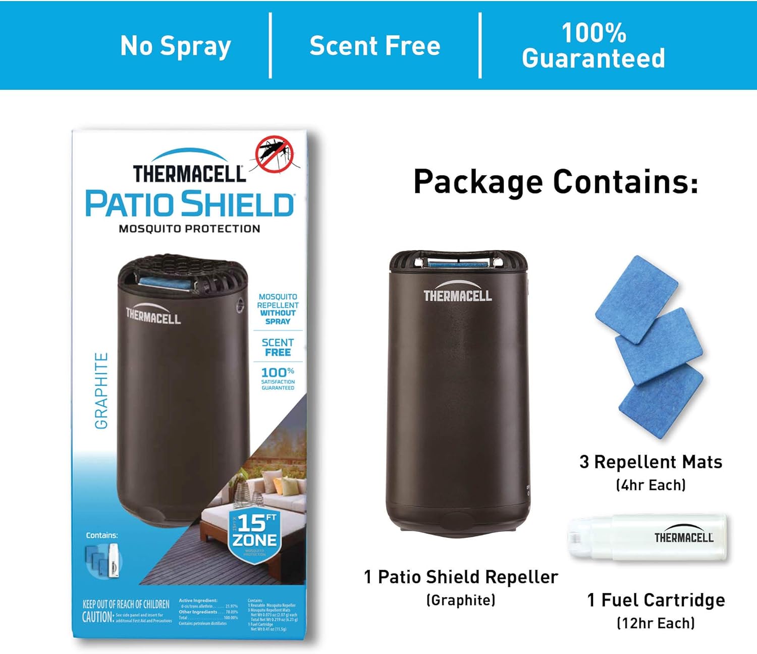 Thermacell MR-PSL Patio Shield Mosquito Repellent, Graphite; Easy to Use, Highly Effective; Provides 12 Hours of DEET-Free Mosquito Repellent; Scent-Free, No Spray, No Smoke and Cordless: Sports & Outdoors