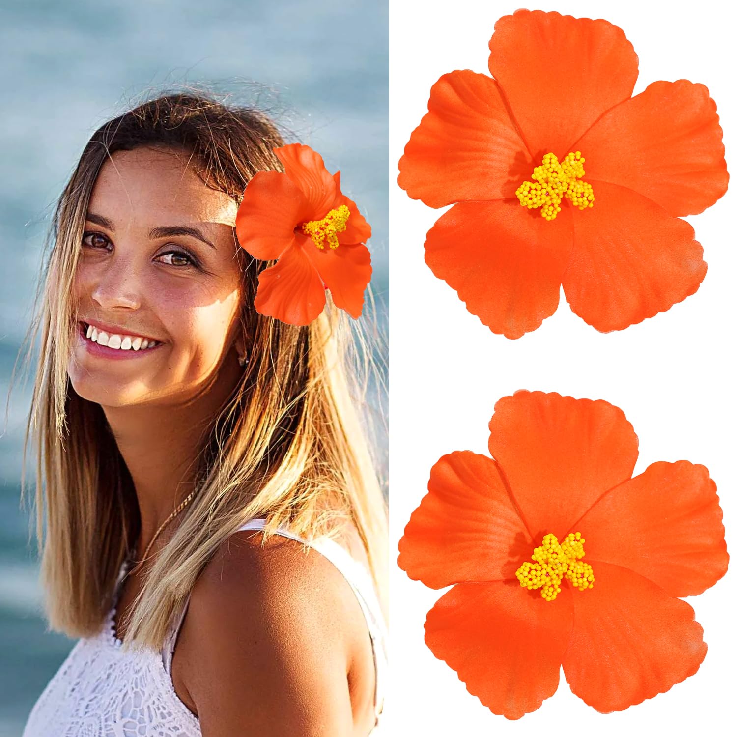 Photo 1 of 2 PCS Hawaiian Flowers Hair Clips, Hibiscus Flowers Hair Clip Beach Party Bohemian Flower Hair Accessories for Women Girls Dancer Bride Wedding Beach Party (Orange)