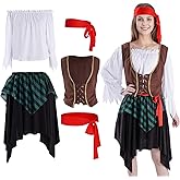 mifengda Pirate Costume for Women Adult Pirate Accessories Halloween Renaissance Costumes Outfit with White Shirt Skirt Vest Belt Headscarf for Women Girl