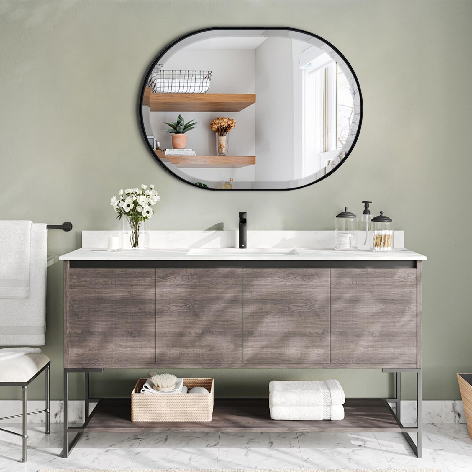 POZINO Black Oval Mirror, Beveled Scalloped Mirror, 22