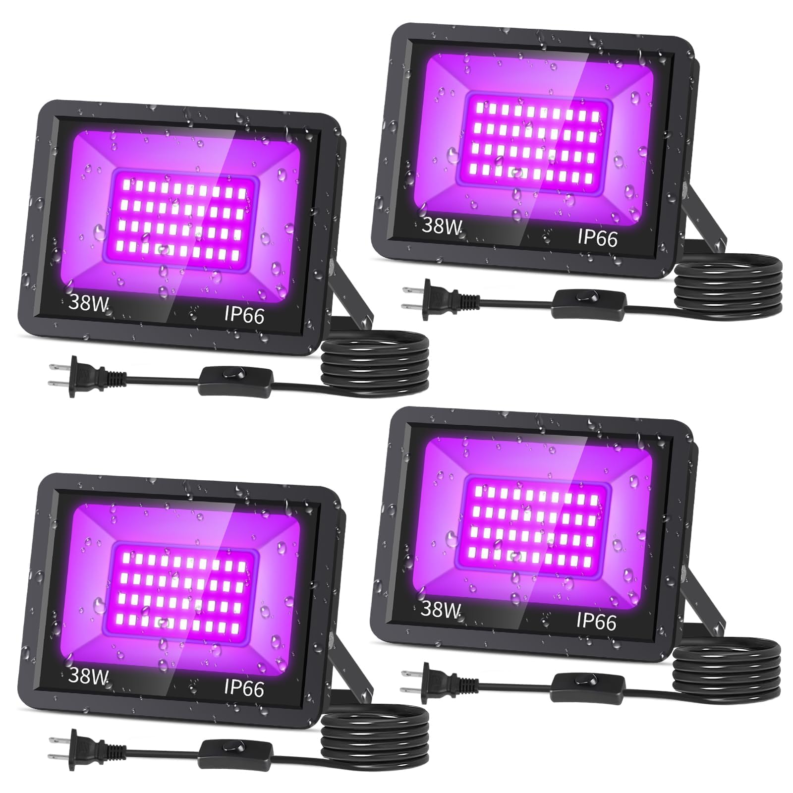Photo 1 of 38W LED Black Lights IP66 Waterproof Black Light Outdoor with 5ft Plug+Switch,Flood Blacklight for Halloween Glow in The Dark Party Stage Light Neon Glow Birthday 4 Pack