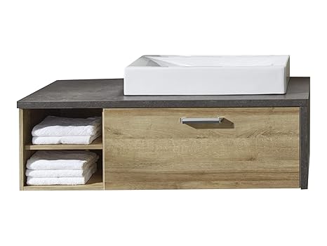 trendteam Badezimmer Waschbeckenunterschrank Unterschrank Bay, 123 x 39 x 53 cm in Korpus Beton Stone Dekor, Front Eiche Rivi