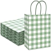 JarThenaAMCS 100Pcs Christmas Sage Green Gingham Paper Gift Bag White Checkered Treat Bags with Handles Candy Goodie Bags for Camping Bachelorette Birthday Baby Shower Party Favors Supplies