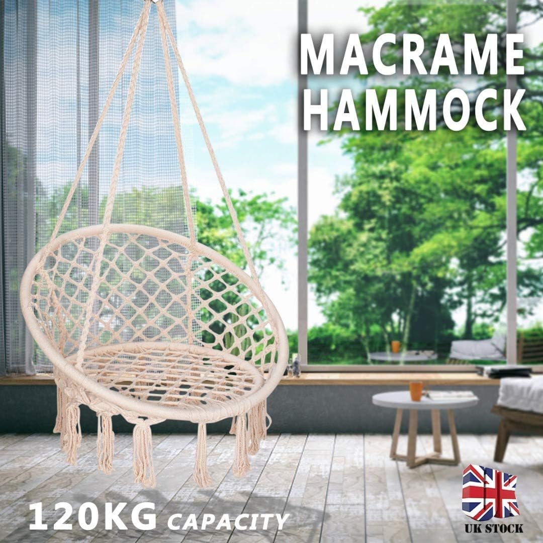 Unizooke Swing Hanging Chair,Macrame Round Hammock,Cotton Rope Woven Swinging Seat for Indoor & Outdoor,Home,Garden,Patio,Deck,Yard,Balcony and Bar