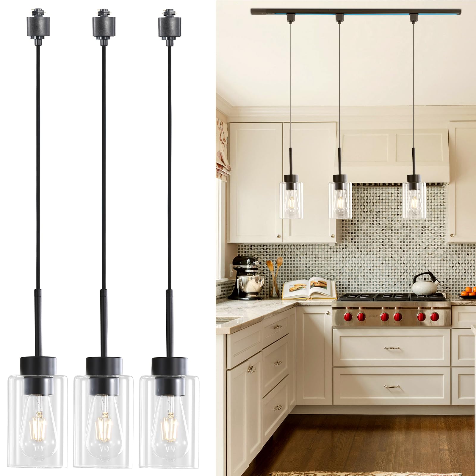 Photo 1 of LOUSACE 3 Lights H Type Tracking Pendant Lights Ceiling Hanging Track Light Fixtures with Cylindrical Clear Glass Shades, Black H-Type Track Lighting Pendants Kithen Island Lighting for Dining Room