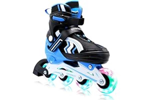 SMOOJOY Inline Skates for Kids 4 Size Adjustable Light-Up Wheels Aluminum Frame Black Rose Red Blade Skate for Boys and Girls S, M, L Sizes, Ages 5-8, 6-12, for Beginners Indoors and Outdoors