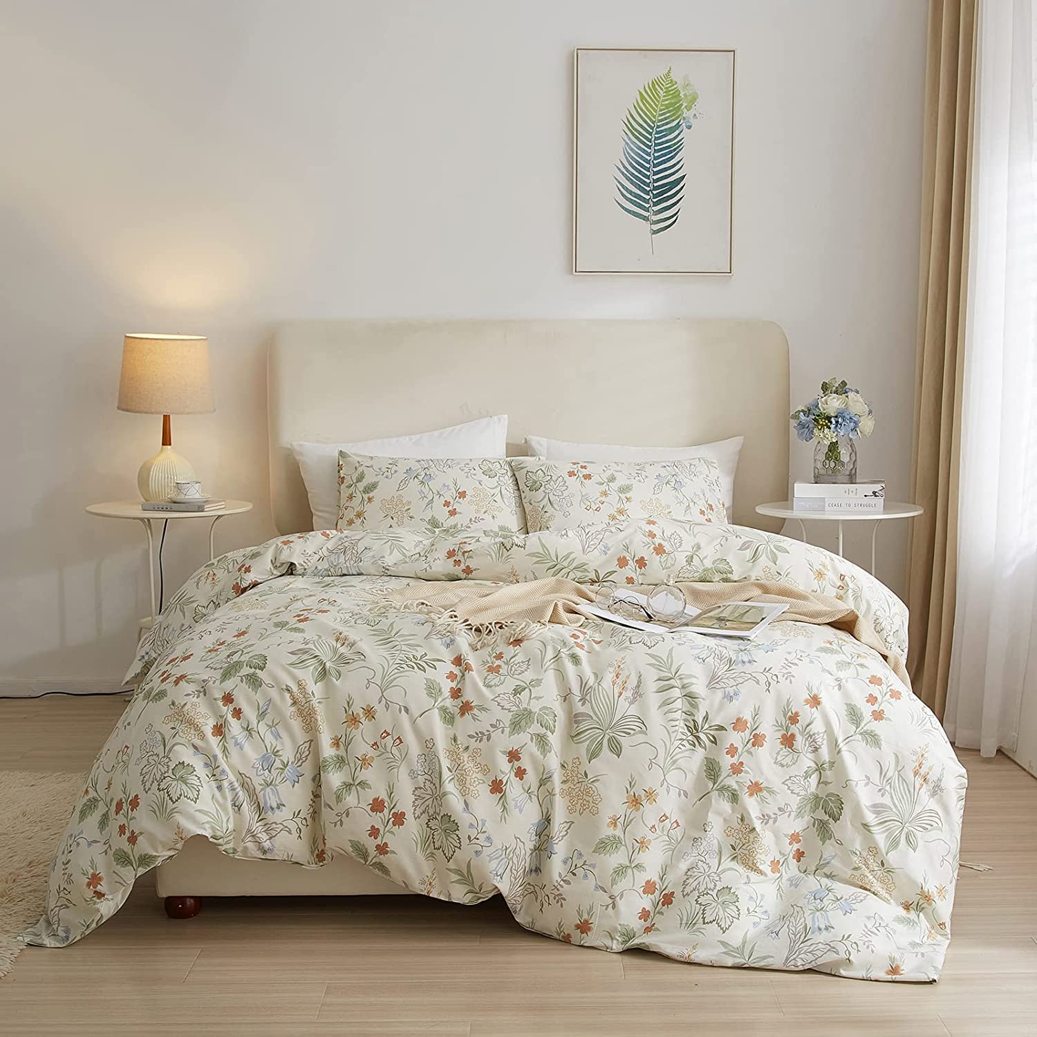 Photo 1 of AMWAN Vintage Floral Duvet Cover Queen Garden Style Botanical Bedding Sets 100% Cotton White Floral Comforter Cover Chic Flower Leaf Botanical Duvet Cover Floral Queen Comforter Cover Set