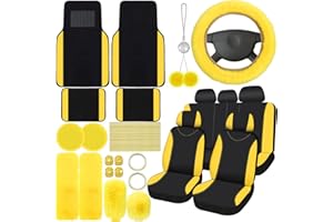 Woanger 47 Car Seat Cover Full Set for Women Included Car Front Rear Seat Fluffy Steering Wheel Cover Belt Automotive Floor Mats Air Conditioner Decoration Strip Universal(Yellow)