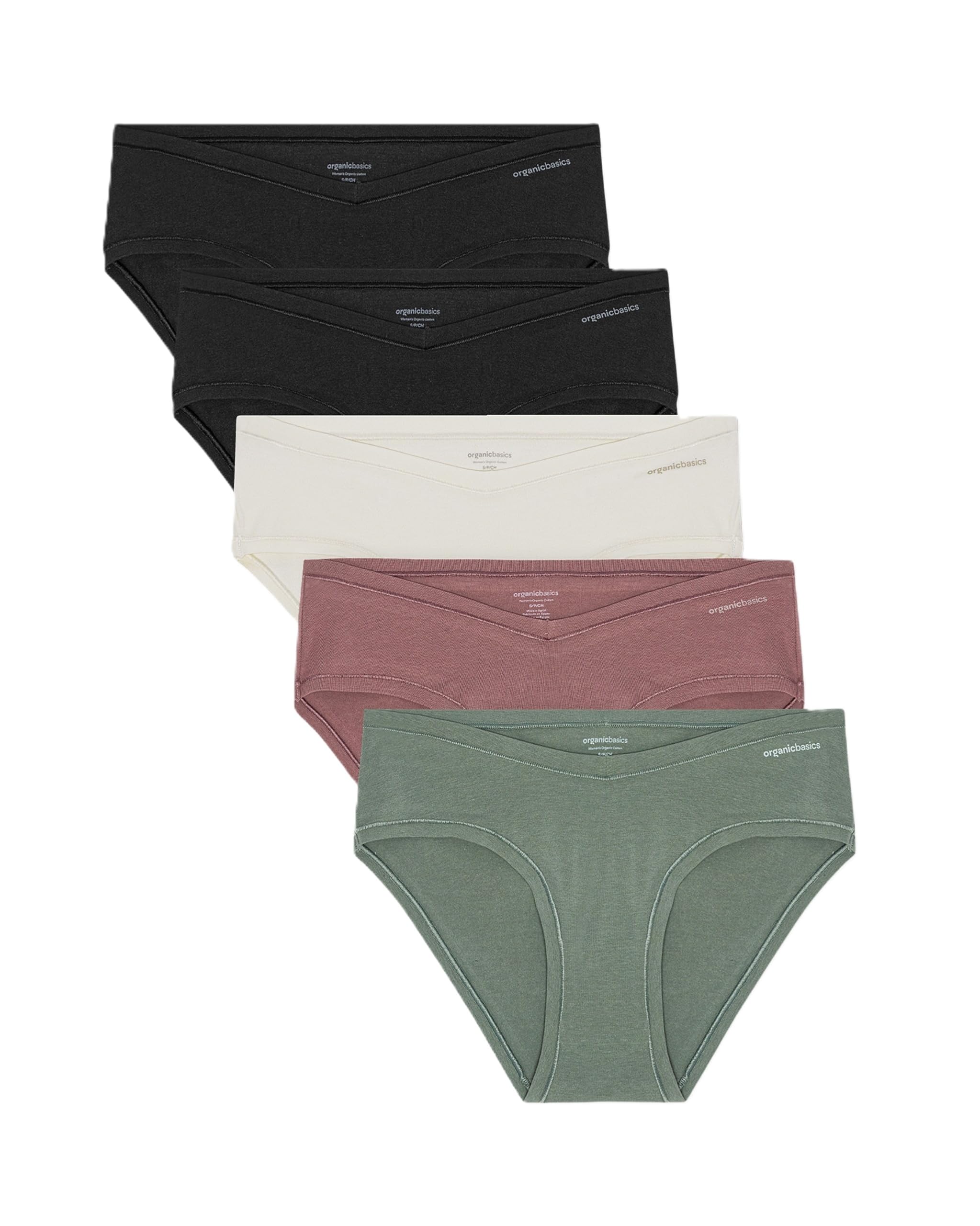 Organic Basics Womens Flex Organic Cotton Hipster Underwear 5-Pack, Black/Black/Off White/Rose Wood/Seaweed, X-Small