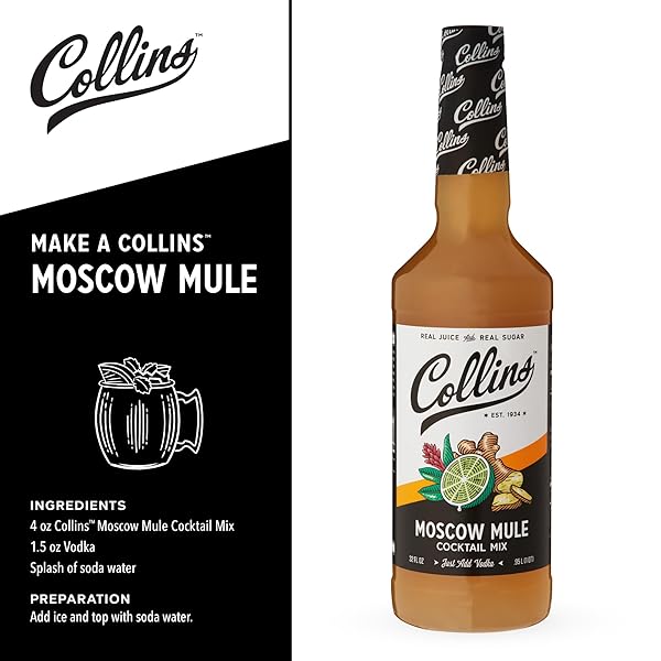 COLLINS MOSCOW MULE MIX | MADE WITH LIME JUICE AND REAL SUGAR WITH NATURAL FLAVORS | CLASSIC COCKTAIL RECIPE INGREDIENT, 32 FL OZ