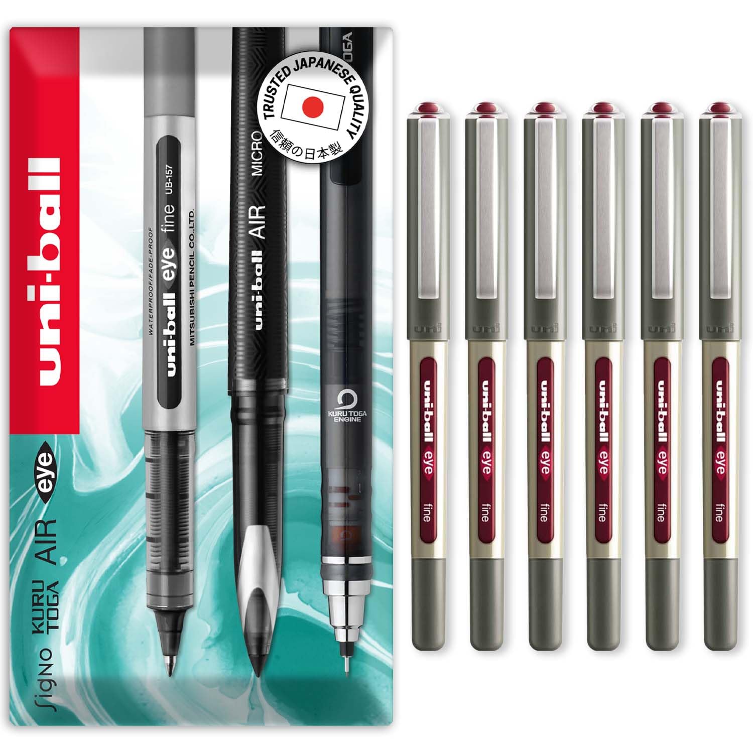 uni-ball EYE - UB-157E Rollerball Pens - 0.7mm Nib - Red Wine - Pack of 6 - In Envelope Gift Packaging