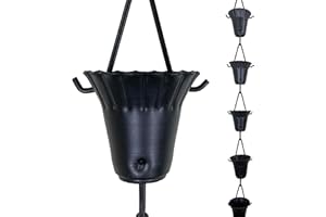 Rain Chains by JASINC 8.5 ft Ruffle Cups Black Powder Coated Aluminum, to Replace Roof Gutter Downspout, with Installation Kit, Rainwater Catcher/Water Diverter, JAS3001BLK