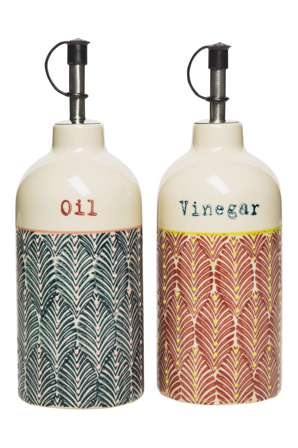Vinegar and Oil Bottle Dispenser Set Mix'N'Match Hand-Stamped Stoneware 7 x 7 x 15 cm Capacity: 450 ml per bottle