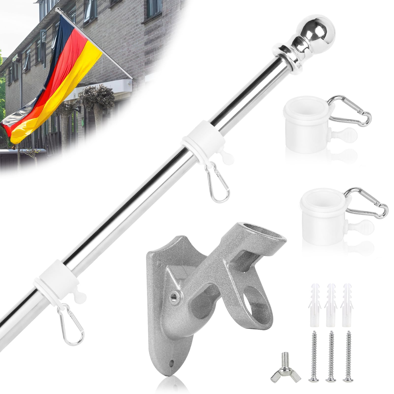 DBREAKS 1.5 m Flagpole with Bracket, Stainless Steel Flag Holder, Wall Mount Flag Pole, Flag Pole with Tangle, Flag Pole Accessories for Flag House and Garden (Silver)