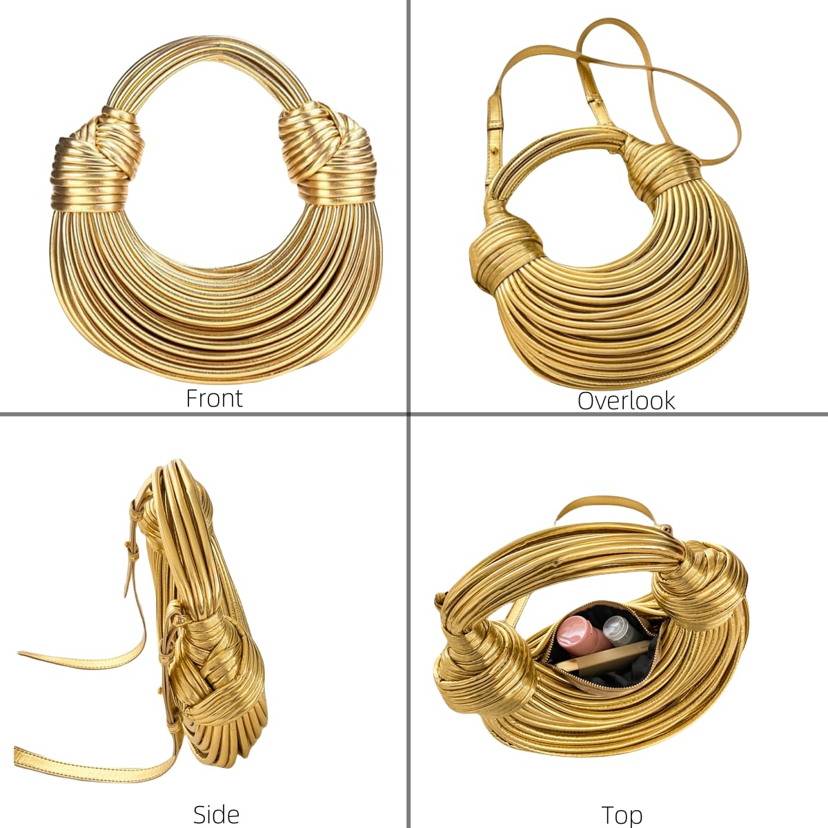 Gold Purse for Women, Woven Knotted Bread Crossbody Clutch Top Handle Creative Noodles Bag Underarm Shoulder Handbag