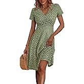 MSBASIC Womens Summer Wrap V Neck Casual Dresses Floral Short Sleeve A-Line Midi Sundress