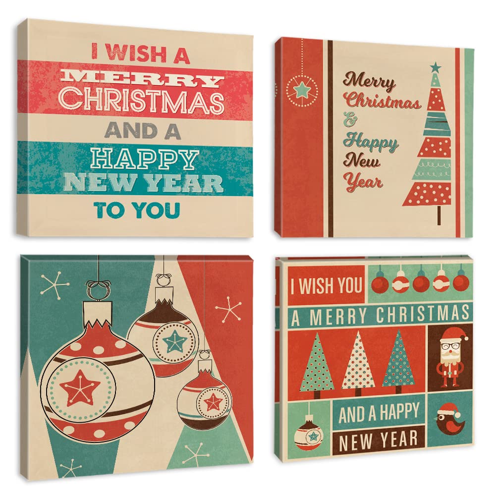 Artscope 4 Pieces Christmas Wall Art Canvas Prints - Merry Christmas Picture Painting - Modern Wall Artwork Framed for Gifts Bathroom Home Kitchen Office Christmas Decor - 30 x 30 CM