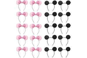NEWTGAN 20 PCS Mouse Ears Headbands for Birthday Party Theme Park Costume Play Celebration for Boys and Girls (black,pink) (pink black)