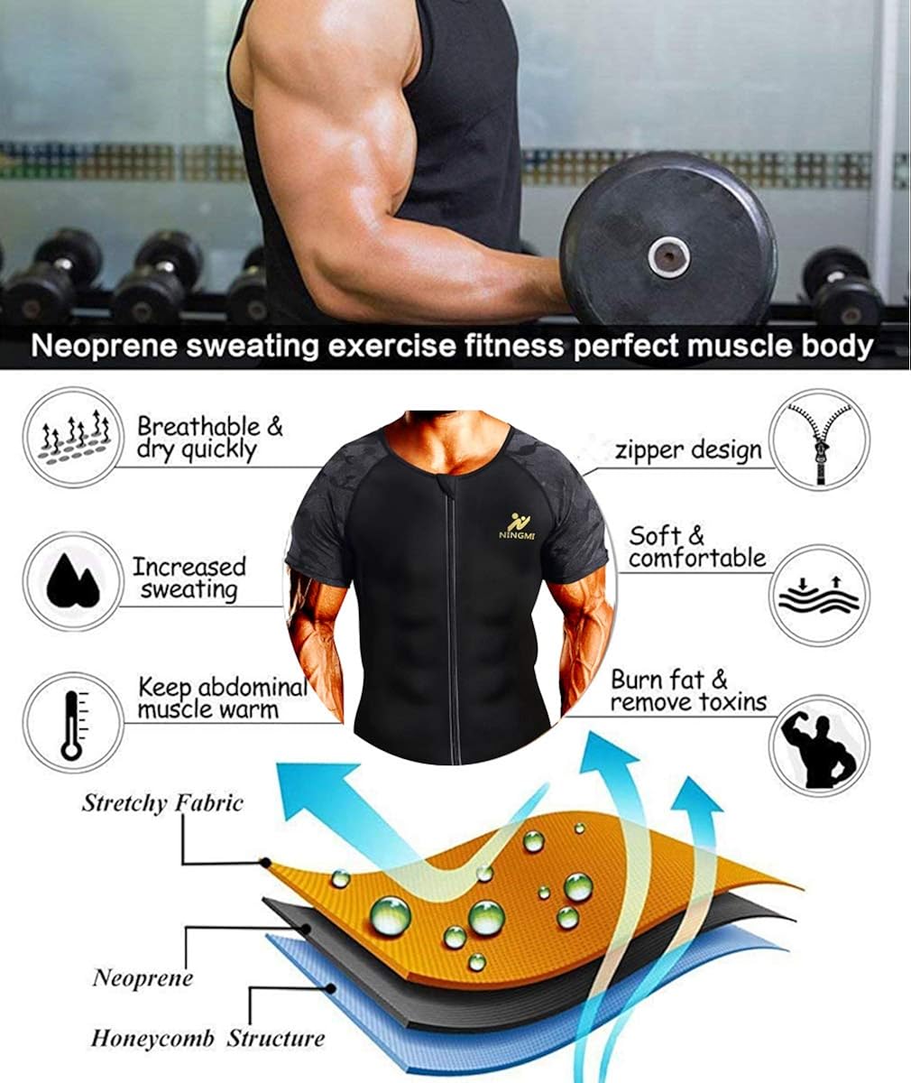 NINGMI Sauna Suit for Men Hot Sweat Suit Sauna Shirt Sweat Body Shaper Workout Neoprene Suit Zipper Short Sleeve: Clothing