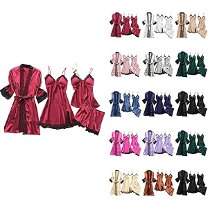TRCELECTROP Silk Pajamas for Women Sexy 4pcs Floral Lace Trim Lingerie Cami Dress and Shorts with Belt Robe Lounge Sleepwear