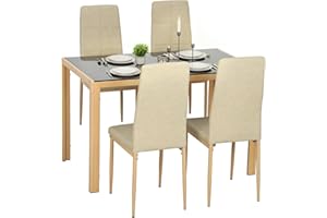 HOMCOM Dining Table Set for 4, 5-Piece Rectangular Glass Kitchen Table and Chairs with Metal Frame and Faux Leather Upholster