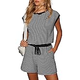 Dokotoo Women's Summer Casual Rompers Striped Shorts Overalls Adjustable Drawstring Waist Jumpsuits One Piece Outfits