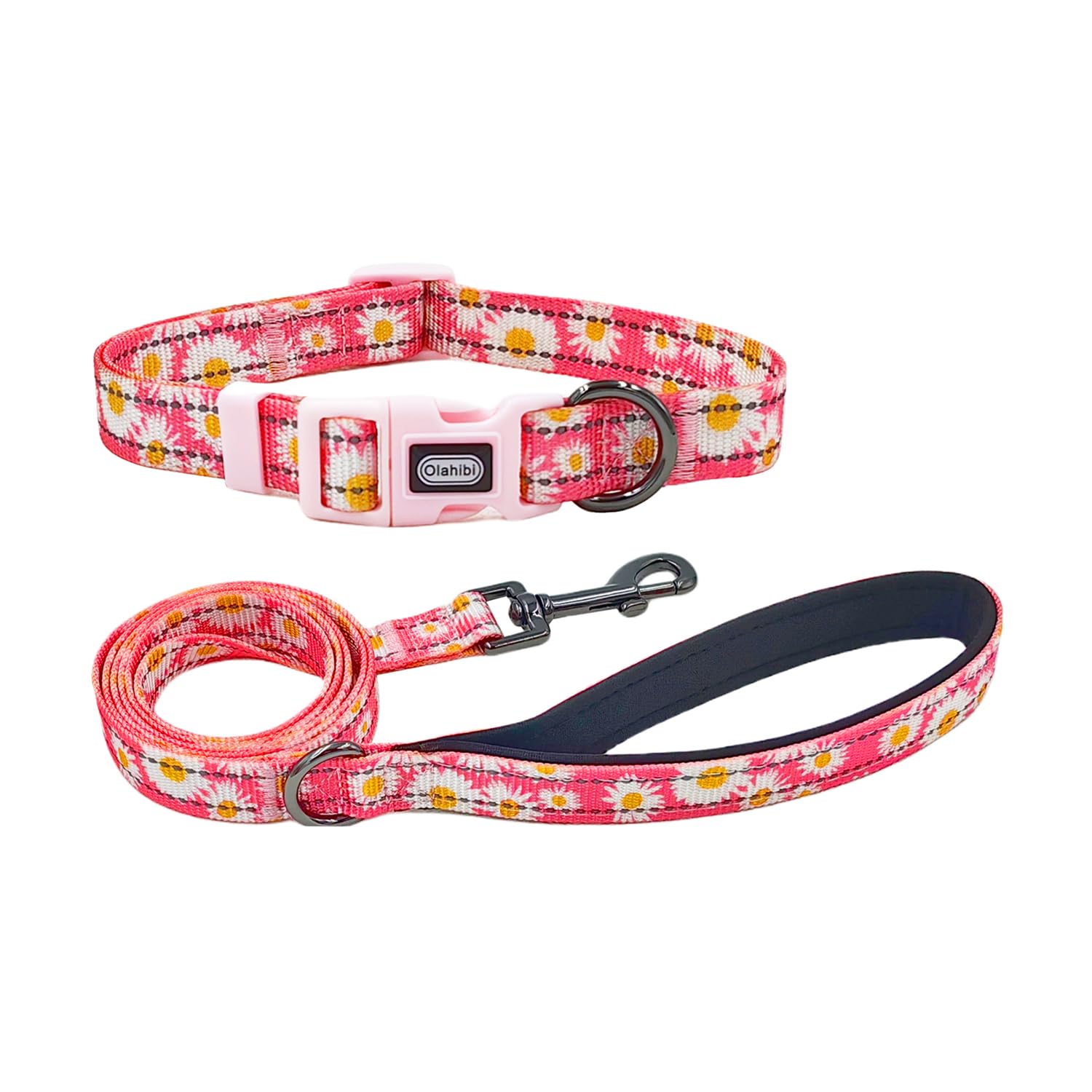 Olahibi Dog Collar and Leash Combo Set, Cute Daisy Pattern, Polyester Material, with Reflective Stripes, 150CM Leash, for Small Dogs.(S, Pink) — image 1