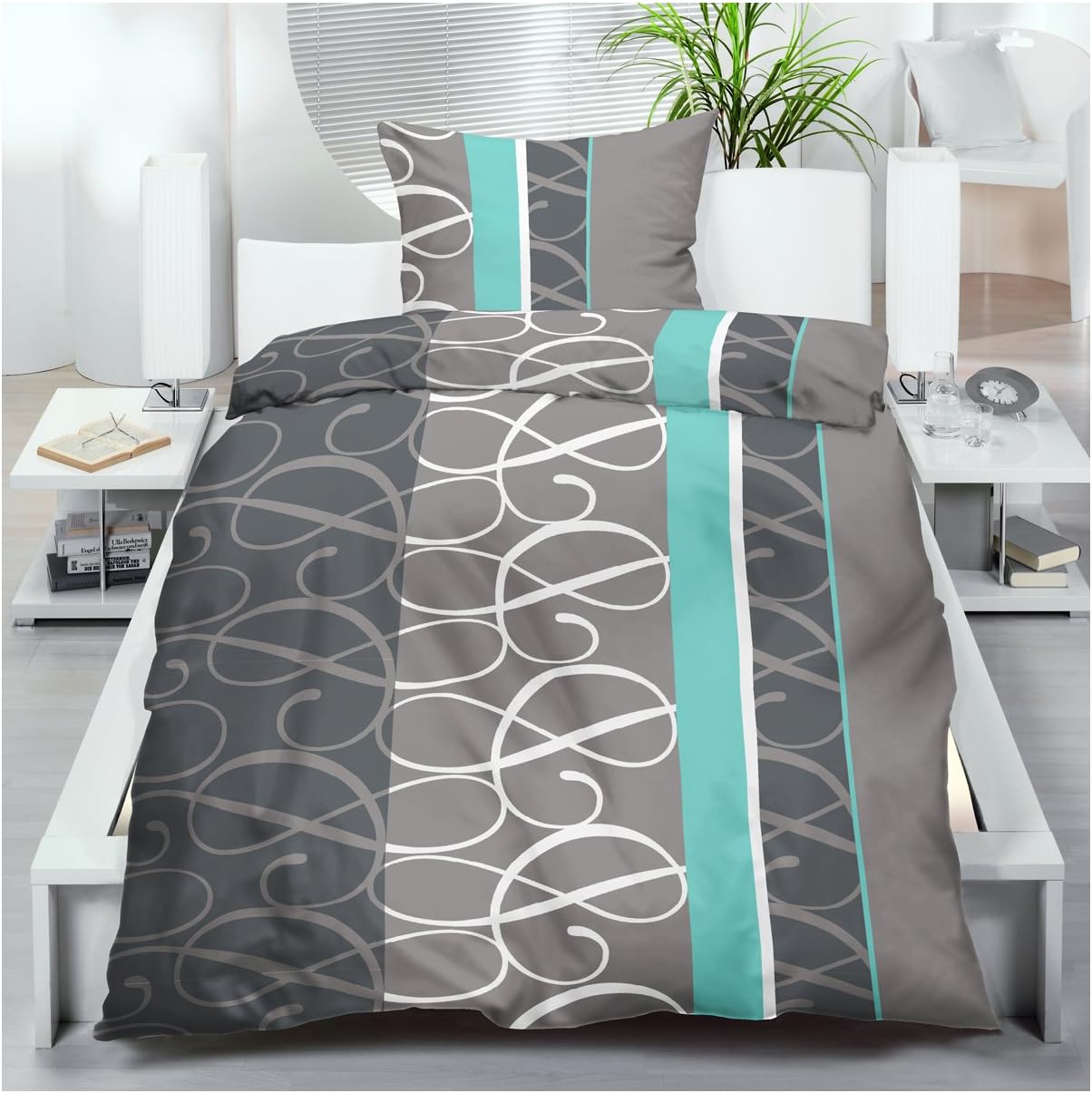 Microfibre Bed Linen Set 135 x 200/80 x 80 cm with Zip 2 4 Piece Summer Grey Mint White with Swirl Design, Microfibre, multicoloured, 2-teiliges Set