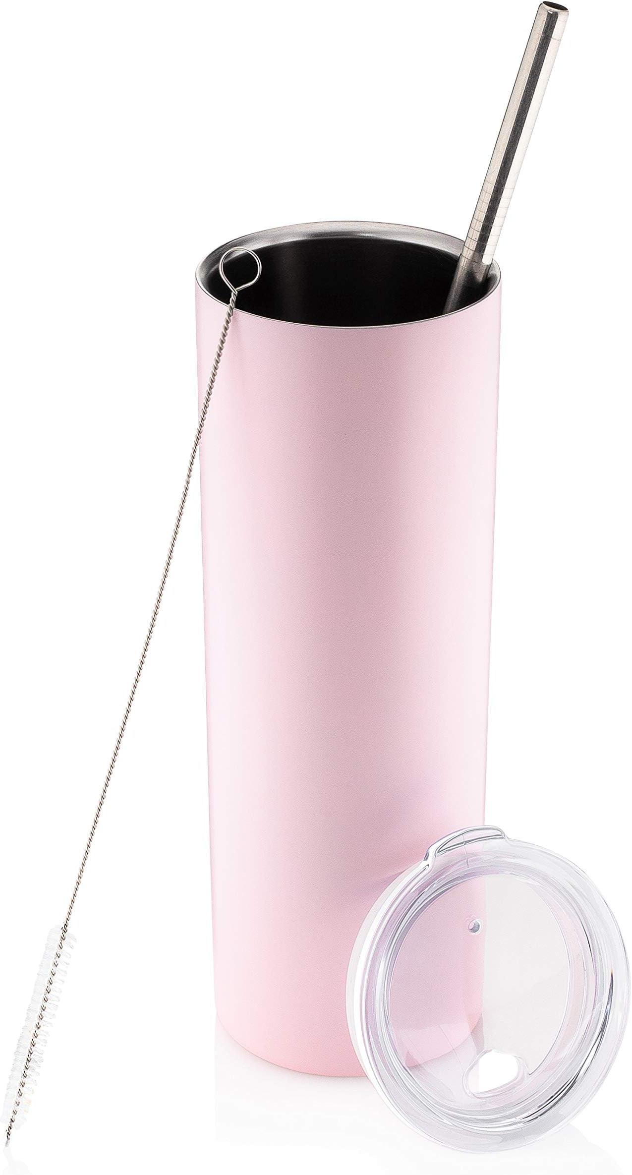 Trugos 20 oz Skinny Stainless Steel Double Wall Vacuum Insulated Tumbler With BPA Free Lid, Straw, and Cleaning Brush Great Travel Cup for Water, Tea, Coffee, Cocktails (Matte Pink)