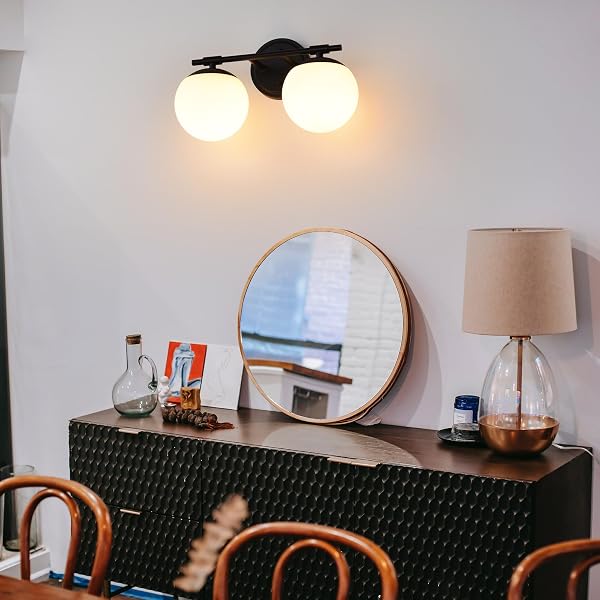 NTSUNXEKO BLACK BATHROOM VANITY LIGHT FIXTURES, 2 LIGHT GLOBE WALL SCONCE LIGHTING OVER MIRROR, MODERN VANITY LIGHTS FOR BATHROOM, MIRROR CABINETS HALLWAY STAIRS, STANDARD E26 BASE, MATTE BLACK