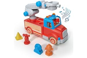 Wanborns Fire Truck Toy for Kids with Lights and Siren Sounds, Fire Engine Vehicle with Rotating Rescue Ladder, Removable Accessories and Two Figures, Birthday Gift for 18M+ 2 3 4 5 Years Old Toddler
