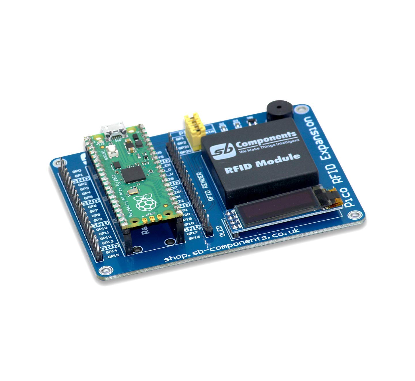 SB Pico RFID Expansion Board for boasting an advanced RFID Reader frequency of 125KHz with a compact design programmable 0.91 OLED Display UART/I2C interface compatible with Raspberry Pi Pico